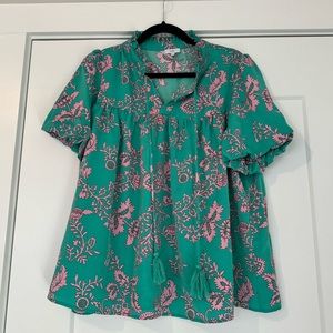 VOY NWOT size large green and pink tassel detail top